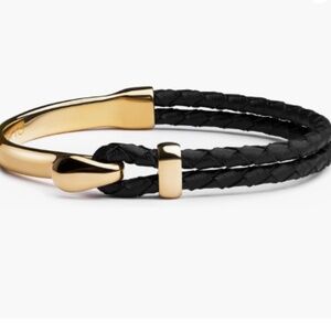 NWOT  Men's Braided Full-Grain Leather Bracelet - Black/Gold